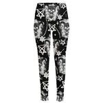 Black And White Wicca Devil Skull Print High-Waisted Pocket Leggings