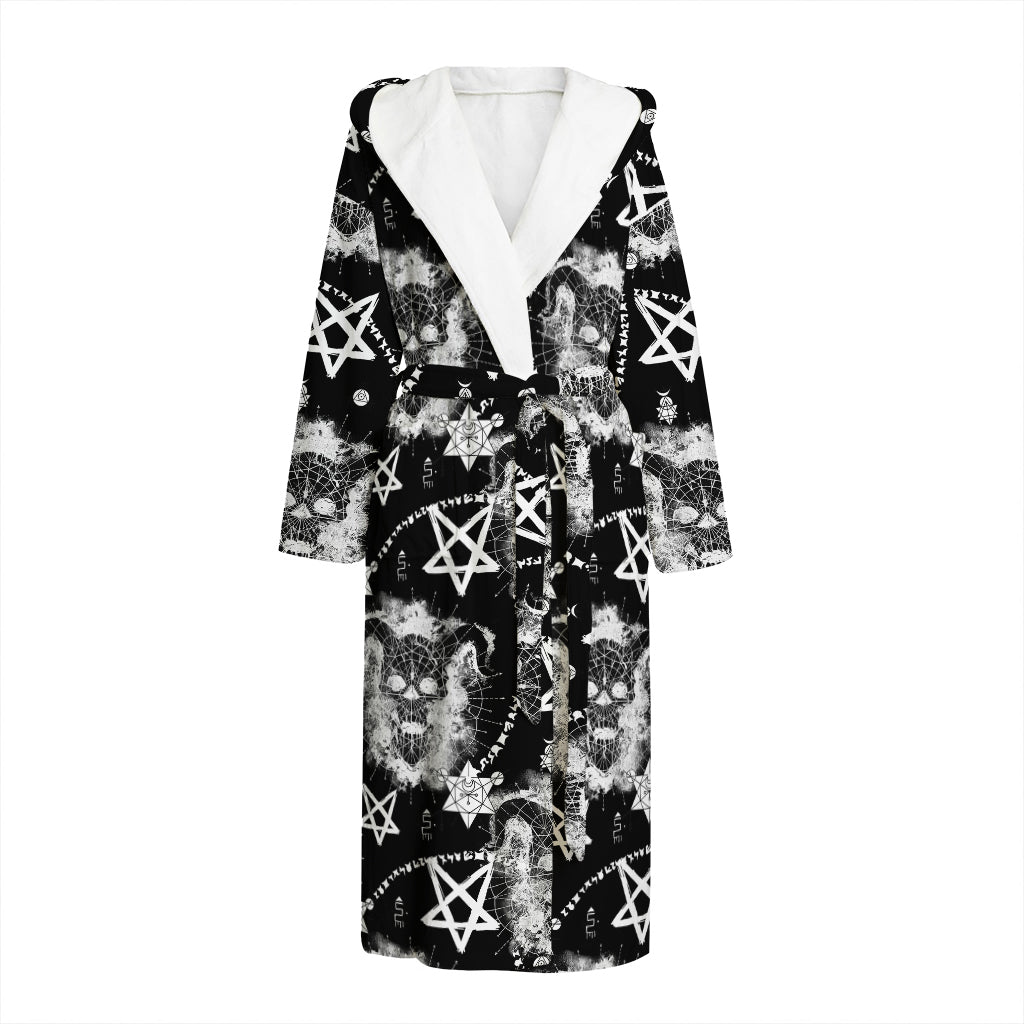 Black And White Wicca Devil Skull Print Hooded Bathrobe