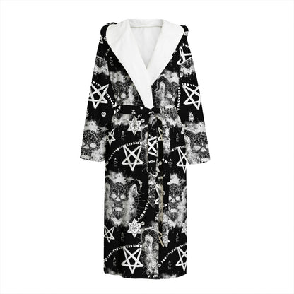 Black And White Wicca Devil Skull Print Hooded Bathrobe