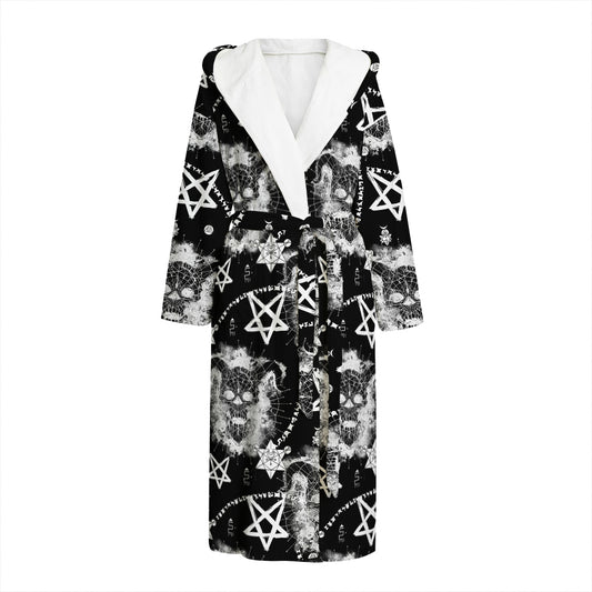 Black And White Wicca Devil Skull Print Hooded Bathrobe