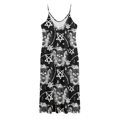 Black And White Wicca Devil Skull Print Jersey Midi Cami Dress