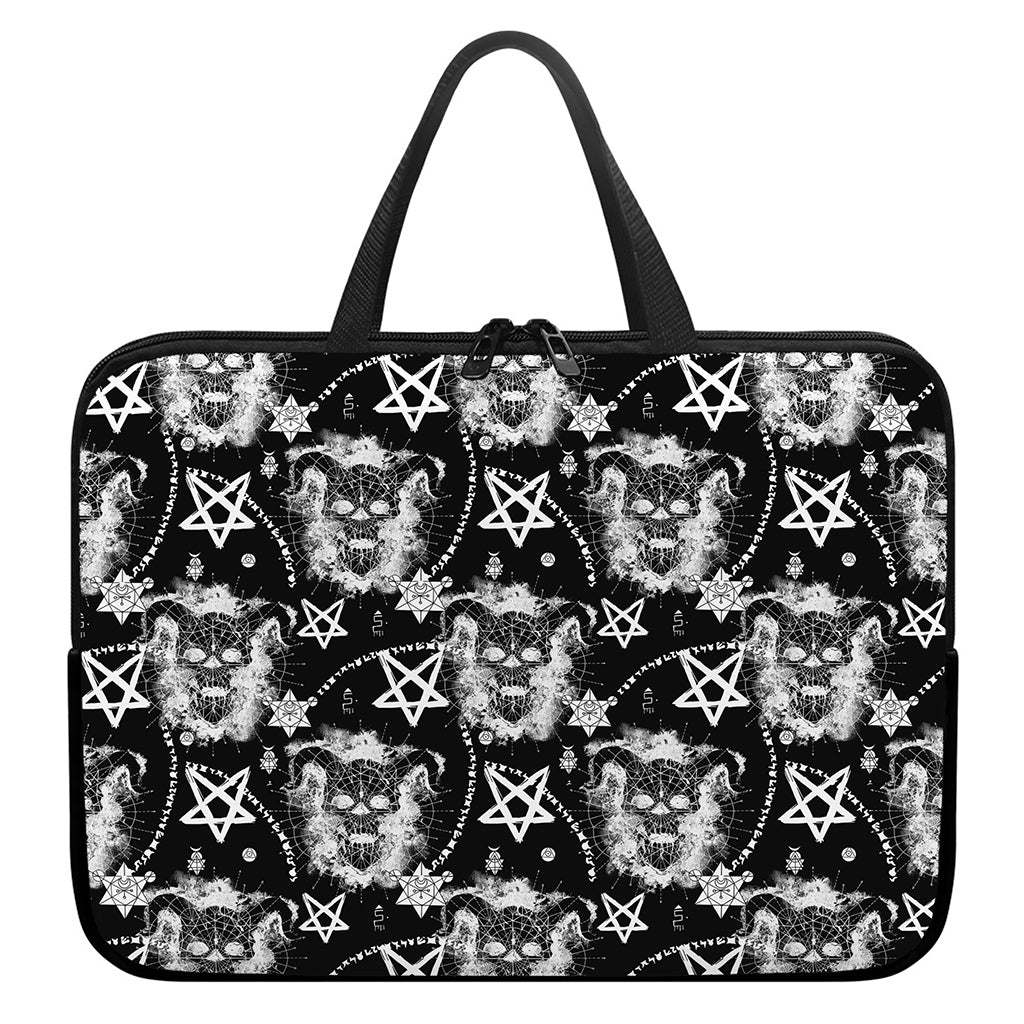 Black And White Wicca Devil Skull Print Laptop Sleeve With Handle
