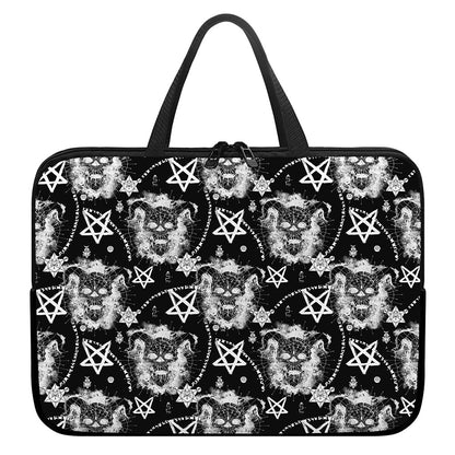 Black And White Wicca Devil Skull Print Laptop Sleeve With Handle