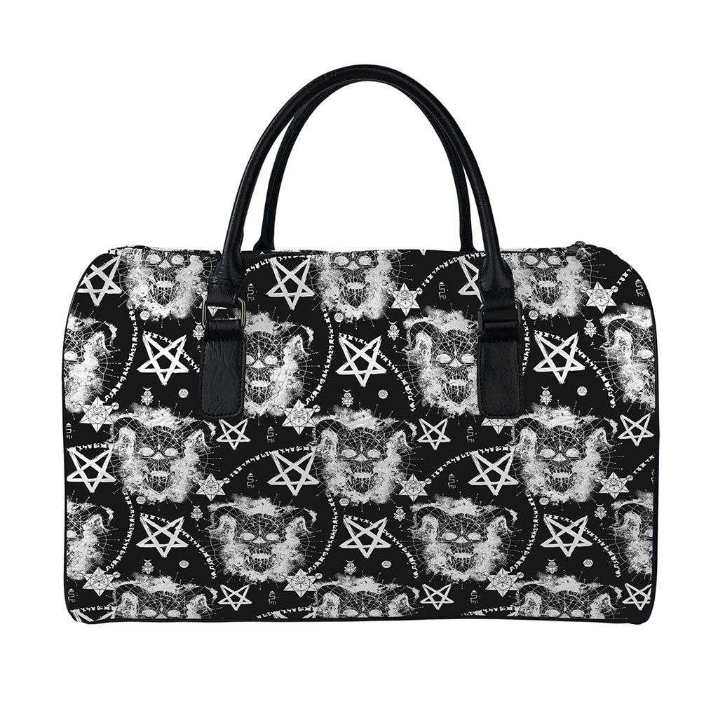 Black And White Wicca Devil Skull Print Leather Duffle Bag
