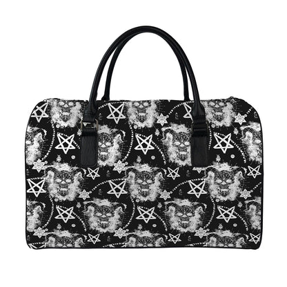 Black And White Wicca Devil Skull Print Leather Duffle Bag