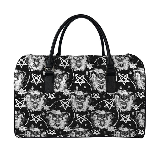 Black And White Wicca Devil Skull Print Leather Duffle Bag