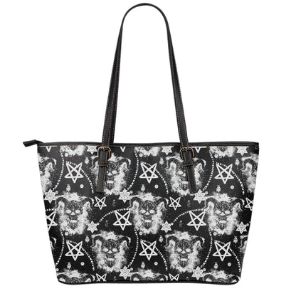 Black And White Wicca Devil Skull Print Leather Tote Bag
