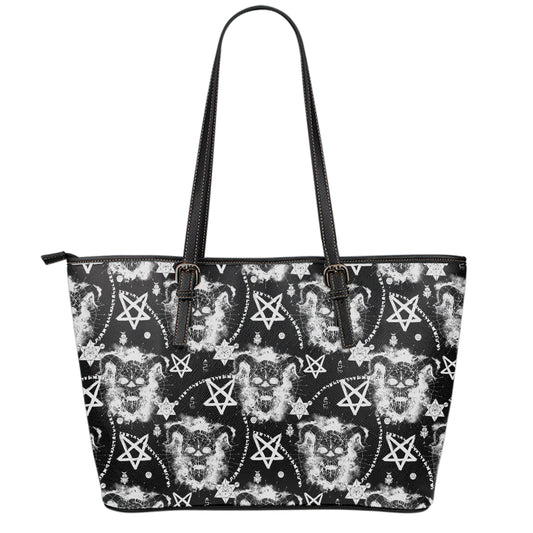 Black And White Wicca Devil Skull Print Leather Tote Bag