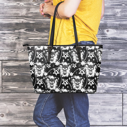 Black And White Wicca Devil Skull Print Leather Tote Bag