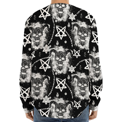 Black And White Wicca Devil Skull Print Long Sleeve Baseball Jersey