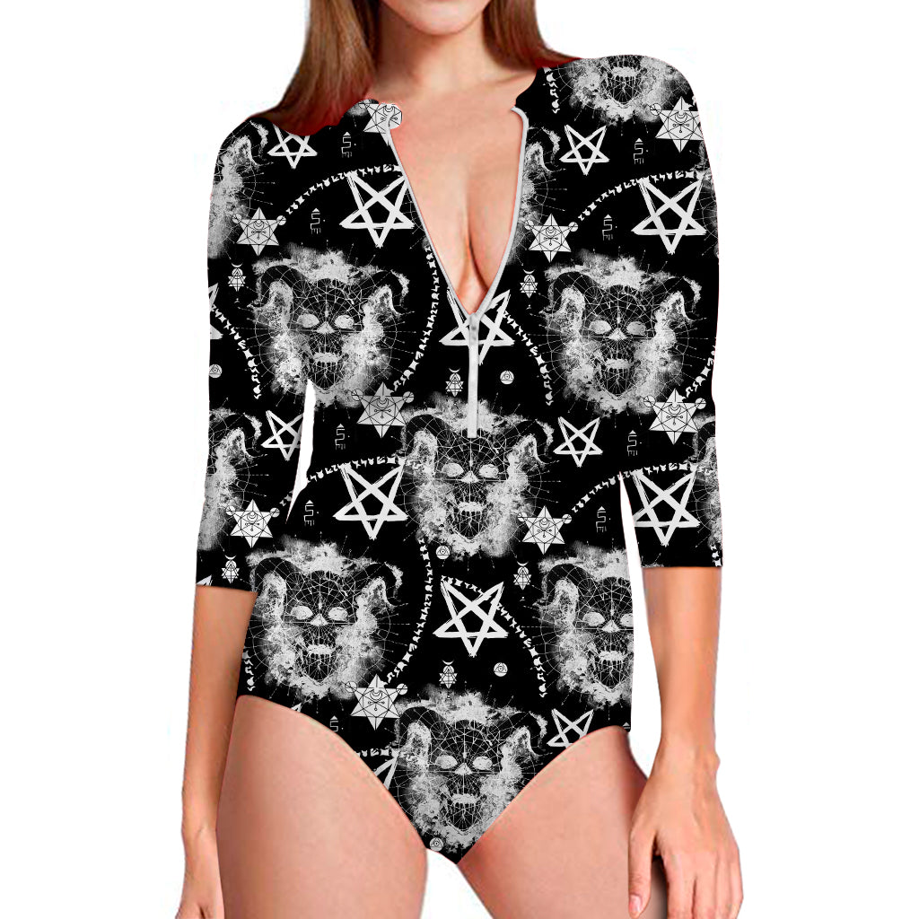 Black And White Wicca Devil Skull Print Long Sleeve Swimsuit