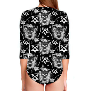 Black And White Wicca Devil Skull Print Long Sleeve Swimsuit