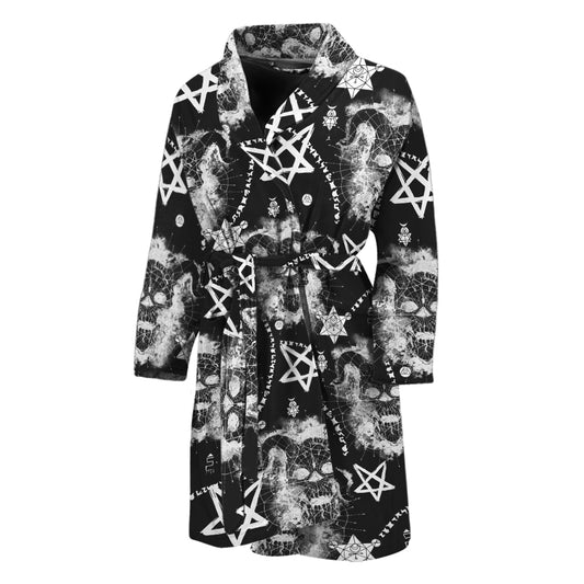 Black And White Wicca Devil Skull Print Men's Bathrobe