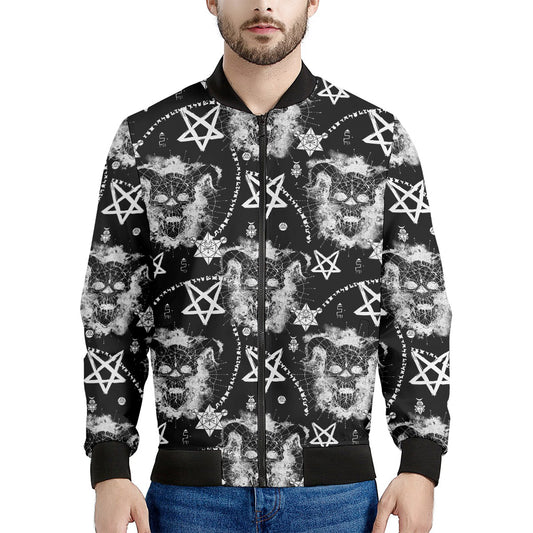 Black And White Wicca Devil Skull Print Men's Bomber Jacket