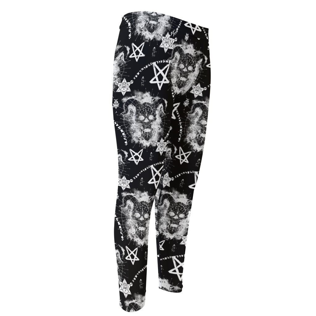 Black And White Wicca Devil Skull Print Men's Compression Pants