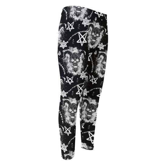 Black And White Wicca Devil Skull Print Men's Compression Pants