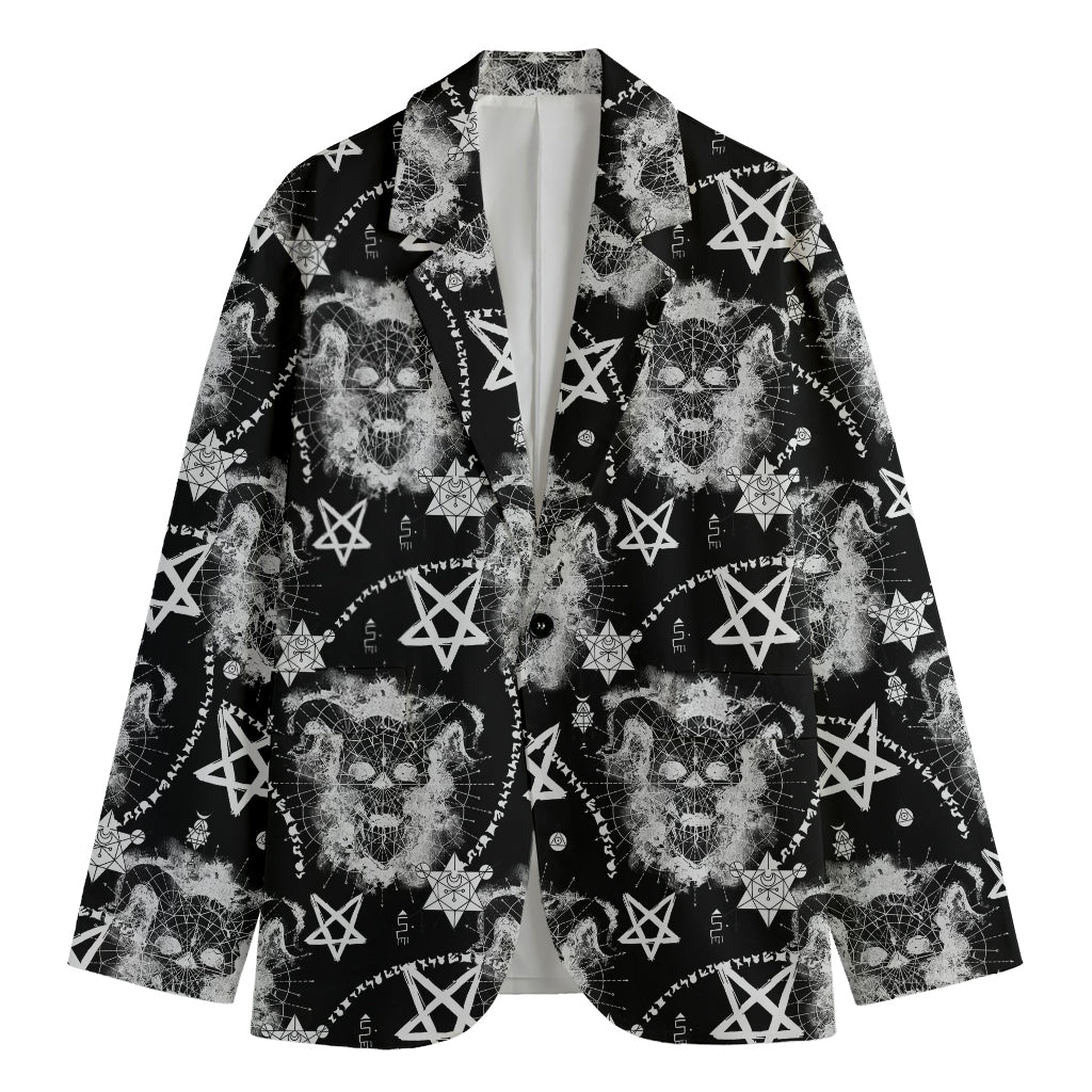 Black And White Wicca Devil Skull Print Men's Cotton Blazer