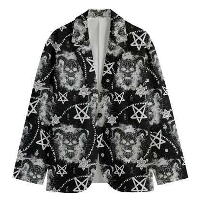 Black And White Wicca Devil Skull Print Men's Cotton Blazer
