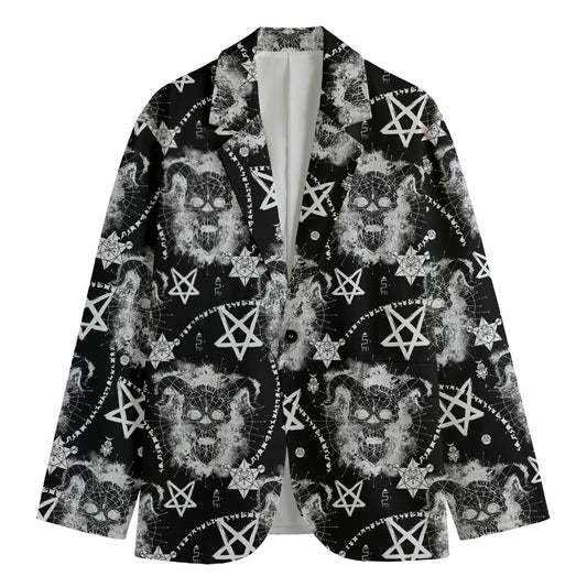 Black And White Wicca Devil Skull Print Men's Cotton Blazer