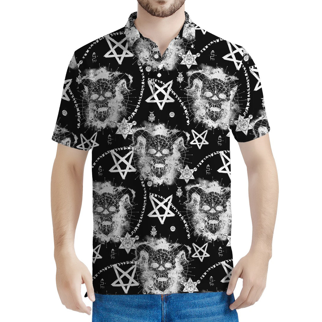 Black And White Wicca Devil Skull Print Men's Polo Shirt