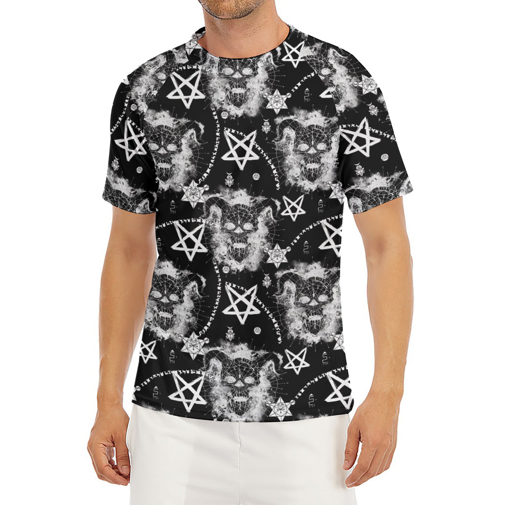 Black And White Wicca Devil Skull Print Men's Short Sleeve Rash Guard