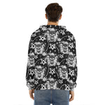Black And White Wicca Devil Skull Print Men's Velvet Pullover Hoodie