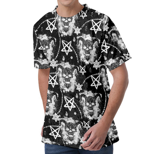 Black And White Wicca Devil Skull Print Men's Velvet T-Shirt