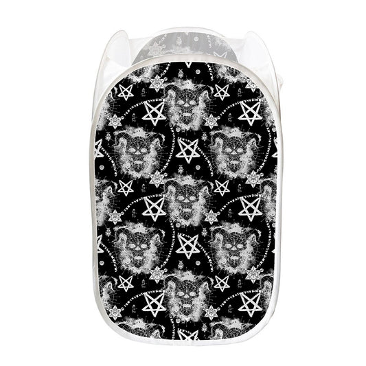 Black And White Wicca Devil Skull Print Mesh Laundry Hamper