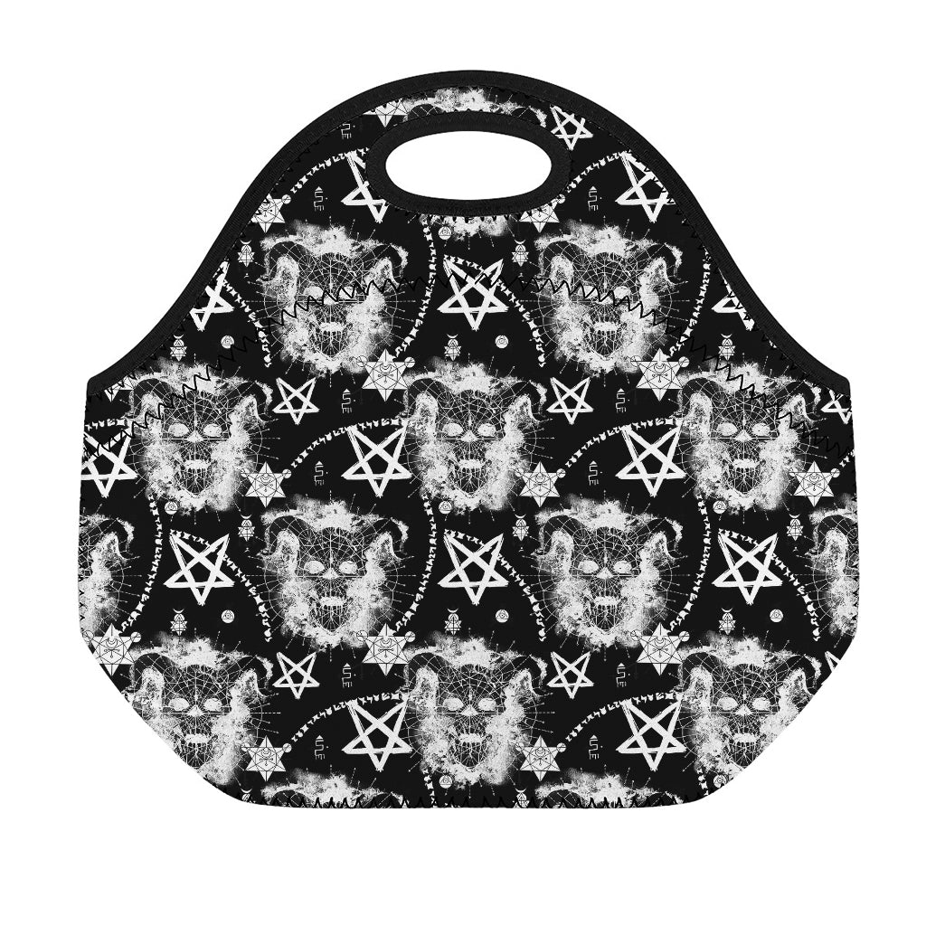 Black And White Wicca Devil Skull Print Neoprene Lunch Bag