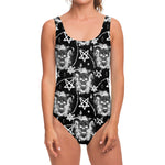 Black And White Wicca Devil Skull Print One Piece Swimsuit