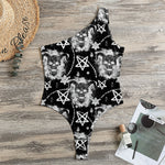 Black And White Wicca Devil Skull Print One Shoulder Bodysuit