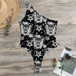 Black And White Wicca Devil Skull Print One Shoulder Bodysuit