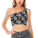 Black And White Wicca Devil Skull Print One Shoulder Crop Top