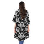 Black And White Wicca Devil Skull Print Open Front Beach Cover Up