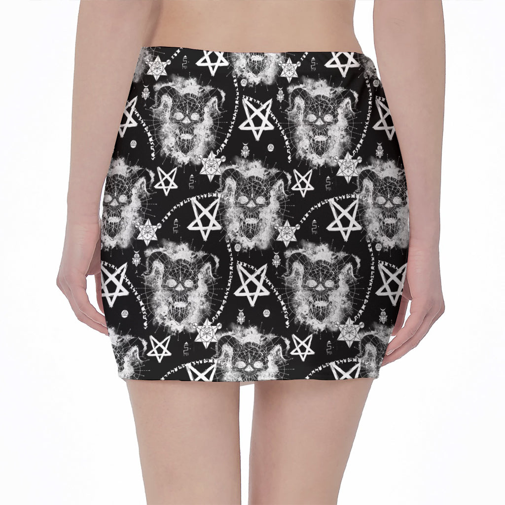 Black And White Wicca Devil Skull Print Pencil Mini Skirt