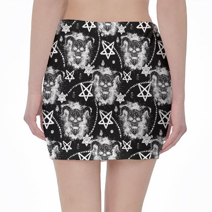 Black And White Wicca Devil Skull Print Pencil Mini Skirt