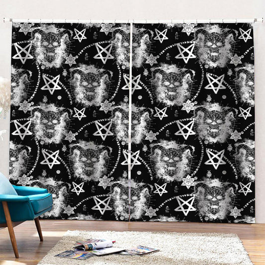 Black And White Wicca Devil Skull Print Pencil Pleat Curtains