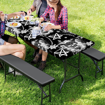 Black And White Wicca Devil Skull Print Picnic Table Cover