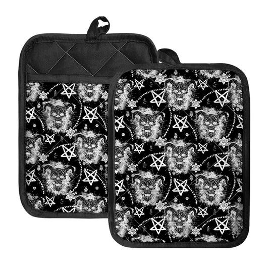 Black And White Wicca Devil Skull Print Pot Holders With Pocket