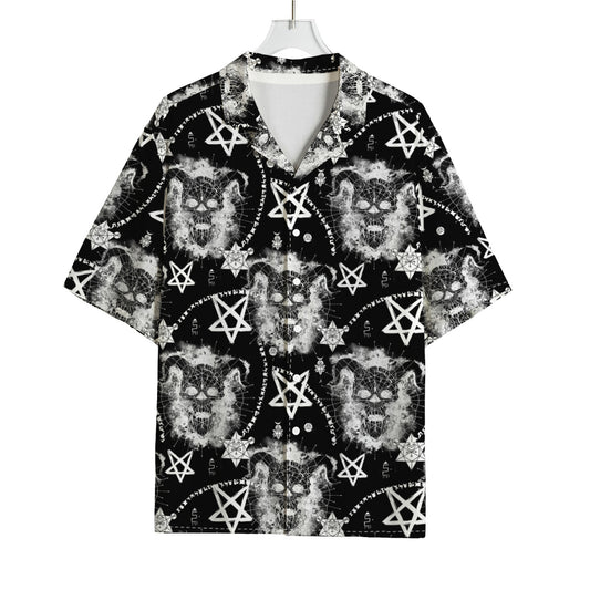 Black And White Wicca Devil Skull Print Rayon Hawaiian Shirt