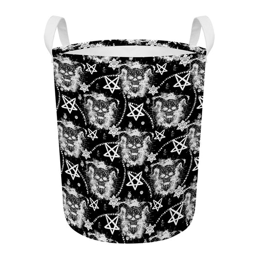 Black And White Wicca Devil Skull Print Round Laundry Basket