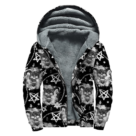 Black And White Wicca Devil Skull Print Sherpa Lined Zip Up Hoodie