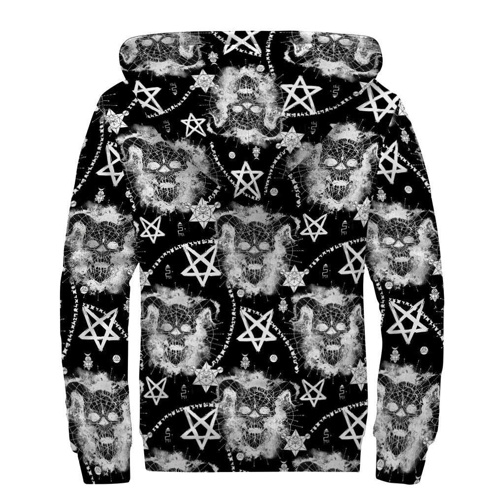 Black And White Wicca Devil Skull Print Sherpa Lined Zip Up Hoodie