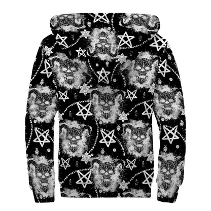 Black And White Wicca Devil Skull Print Sherpa Lined Zip Up Hoodie