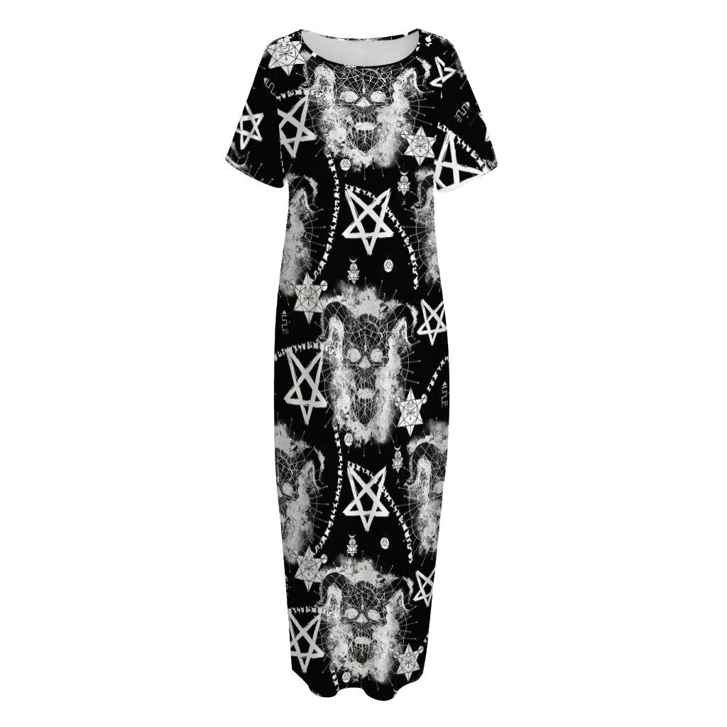 Black And White Wicca Devil Skull Print Short Sleeve Long Nightdress