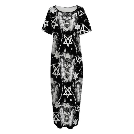 Black And White Wicca Devil Skull Print Short Sleeve Long Nightdress