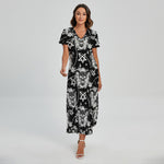 Black And White Wicca Devil Skull Print Short Sleeve Maxi Dress