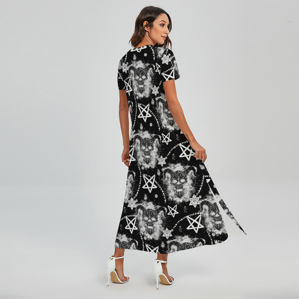 Black And White Wicca Devil Skull Print Short Sleeve Maxi Dress