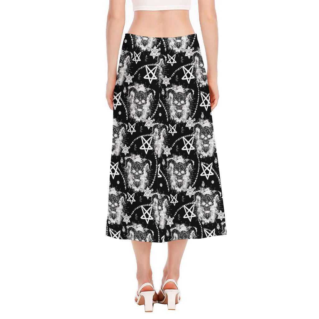 Black And White Wicca Devil Skull Print Side Slit Midi Skirt