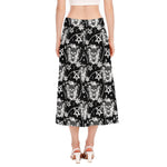 Black And White Wicca Devil Skull Print Side Slit Midi Skirt